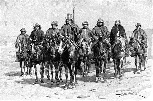 An Araucanian (Mapuche) chief and his staff, Chile/Argentina, 1895. Artist: Unknown