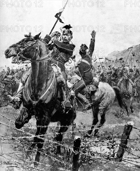 Uhlans checked by barbed wire near Liege, Belgium, First World War, 1914. Artist: Unknown