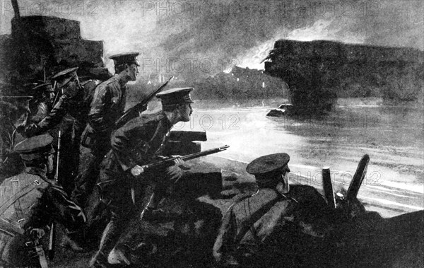 British troops on riverbank prepared for German advance, Belgium, First World War, 1914. Artist: Unknown