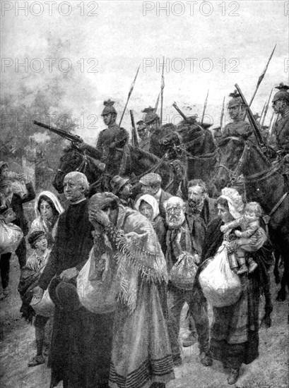 'Expelling the civil residents of Louvain, Brussels', 1914. Artist: Unknown