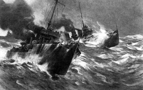 British torpedo craft in North sea storms, First World War, 1914. Artist: Unknown