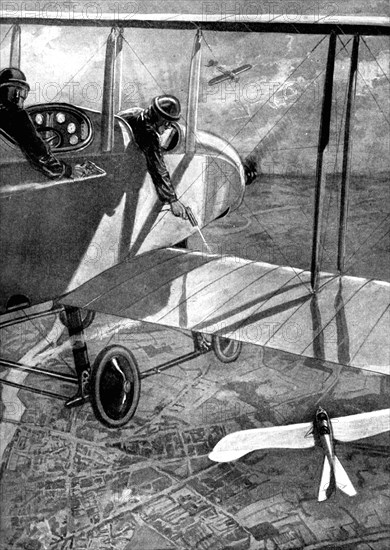 British biplane versus German Taube, First World War, 1914. Artist: Unknown