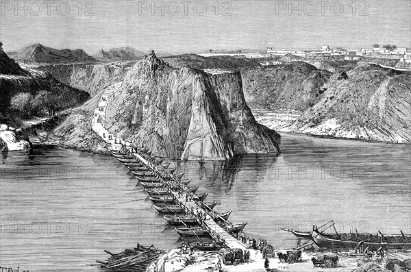 Bridge of boats over the Indus at Khushalgarh, Pakistan, 1895. Artist: Unknown