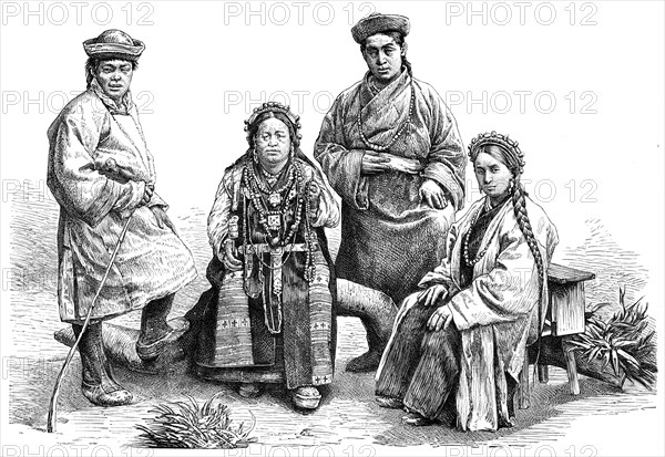 Bhutia (Bhutanese) costumes, 1895.Artist: Pranishnikoff