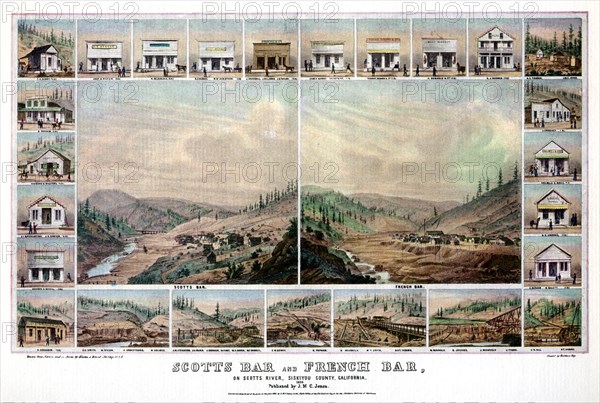 Scotts Bar and French Bar, on the Scotts River, Siskiyou County, California, 1856 (1937).Artist: Britton & Rey