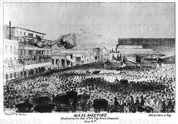 A mass meeting outside Fort Vigilant, Sacramento, California, 1856 (1937).Artist: Britton & Rey