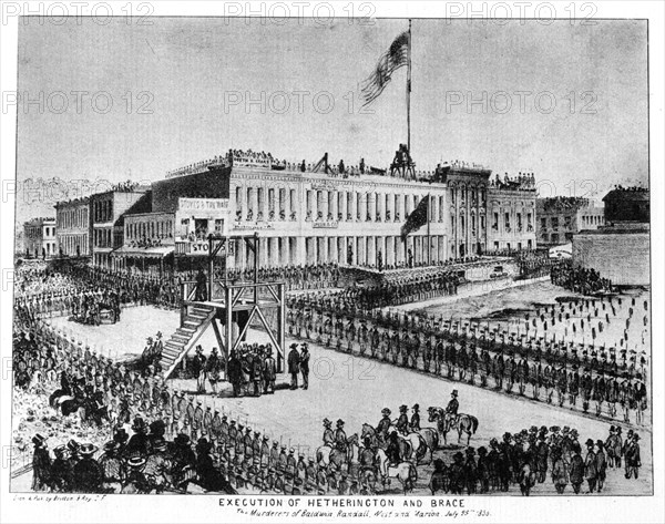 The execution of Hetherington and Brace, Fort Vigilance, Sacramento, California, 1856 (1937).Artist: Britton & Rey