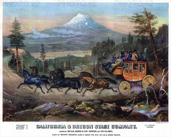 A stagecoach journey, USA, 19th century (1937).Artist: Britton & Rey