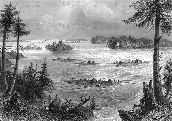The junction of the Ottawa and St Lawrence rivers, Canada, 1842.Artist: John Cousen