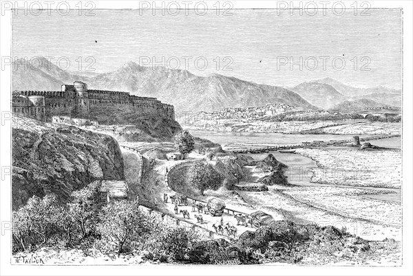 The Citadel of Attock and a bridge of boats over the Indus, Pakistan, 1895. Artist: Unknown