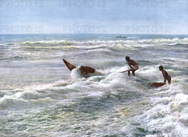 Launching a catamaran off the coast of Madras, India, early 20th century. Artist: Unknown