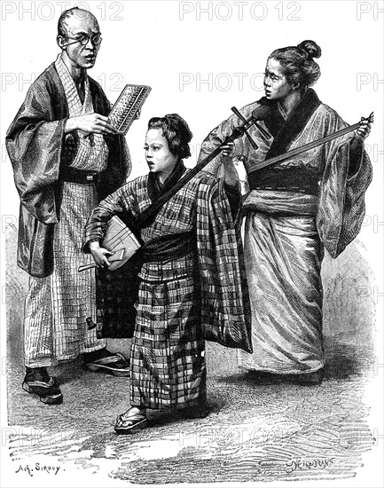Japanese musicians and a dealer, 1895. Artist: Unknown