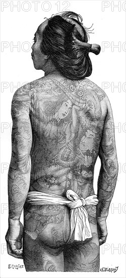 Japanese man with a tattooed back, 1895.Artist: Charles Barbant