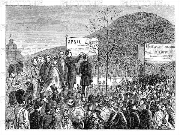 Mr Phelps planting 'Shakespeare's Oak' at Primrose Hill, London, 1864 (late 19th century). Artist: Unknown