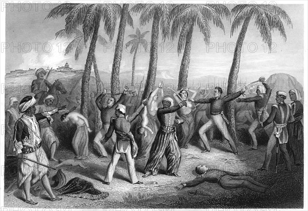 'Massacre of English officers and their wives at Jhansi', 1857, (c1860). Artist: Unknown