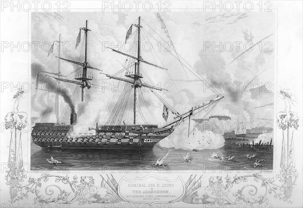 HMS 'Agamemnon' attacking Fort Constantine, 1854 (1857).Artist: H Winkles