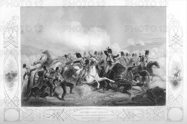 Light cavalry attacking the Russian guns at Balaclava during the Crimean War, 1854 (1857).Artist: W Hulland