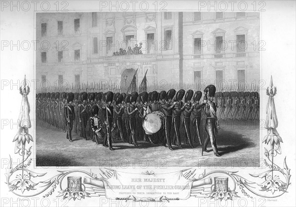 Queen Victoria (1819-1901) taking leave of the Fusilier Guards, London, 1857.Artist: T Sherratt