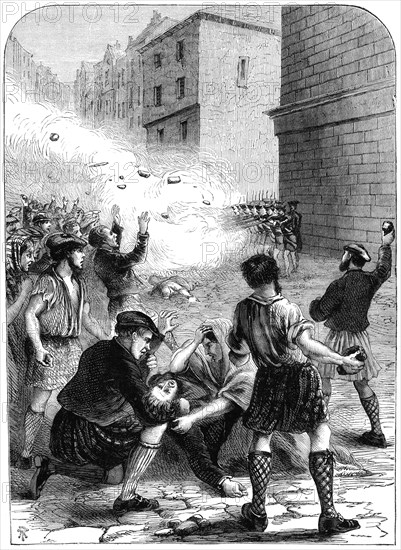 Soldiers firing on rioters during the insurrection at Glasgow, 1706 (19th century). Artist: Unknown