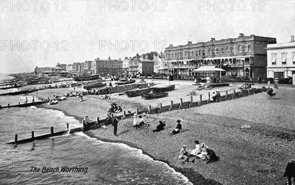The beach at Worthing, West Sussex, 1917.Artist: Valentine & Sons Publishing Co