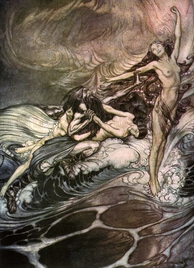 'The Rhine Maidens obtain possession of the ring and bear it off in triumph' c1911. Artist: Arthur Rackham