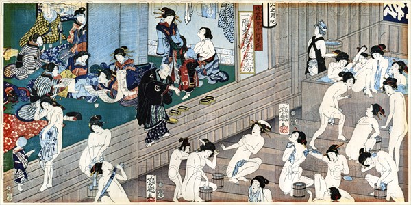 A bath house scene, Japan.Artist: Yoshiiku