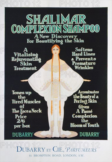 Advertisement for Shalimar complexion shampoo by Dubarry, 1930. Artist: Unknown