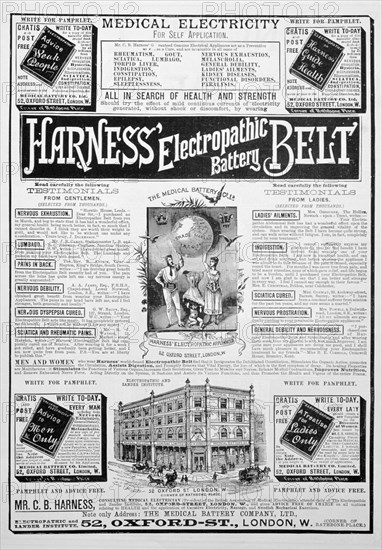 Harness Electropathic Battery Belt advert, 1893. Artist: Unknown