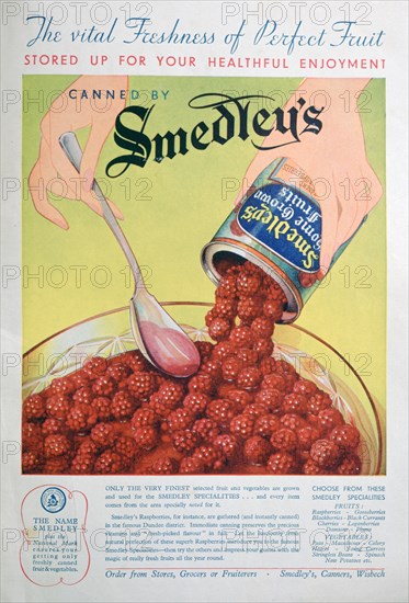 Advert for Smedley's tinned fruit, 1936. Artist: Unknown