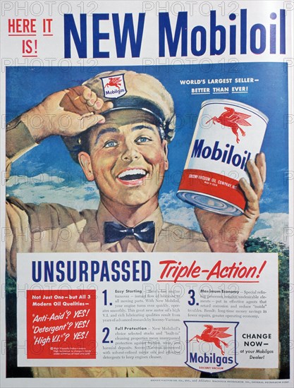 Mobiloil motor oil advert, 1949. Artist: Unknown