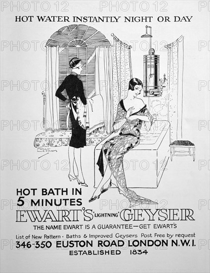 Advert for Ewart's Geyser for hot water, 1928. Artist: Unknown