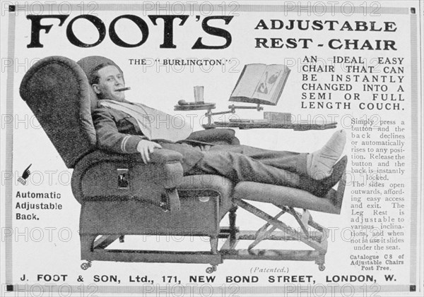 Advert for Foot's 'Burlington' adjustable rest-chair, 1916. Artist: Unknown