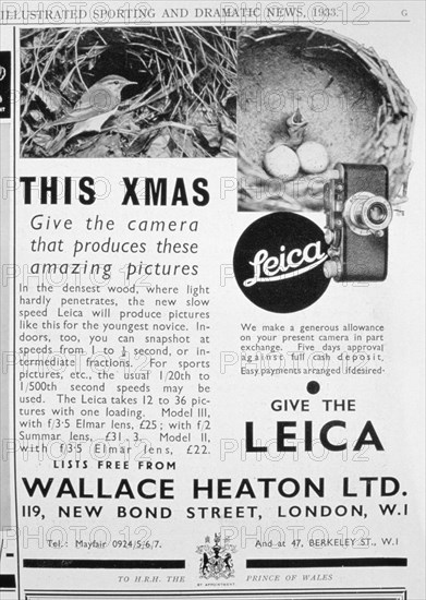 Advert for Leica cameras sold by Wallace Heaton Ltd, New Bond Street, London, 1933. Artist: Unknown