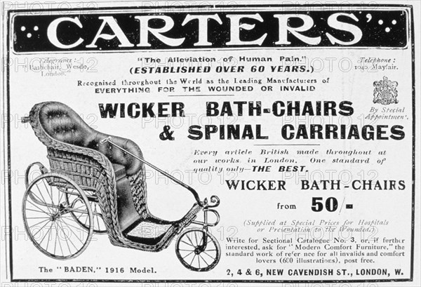 Advert for Carters' wicker bath chairs and spinal carriages, 1916. Artist: Unknown