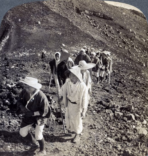 Pilgrims at the end of their ascent of Mount Fuji (Fujiyama), Japan, 1904.Artist: Underwood & Underwood