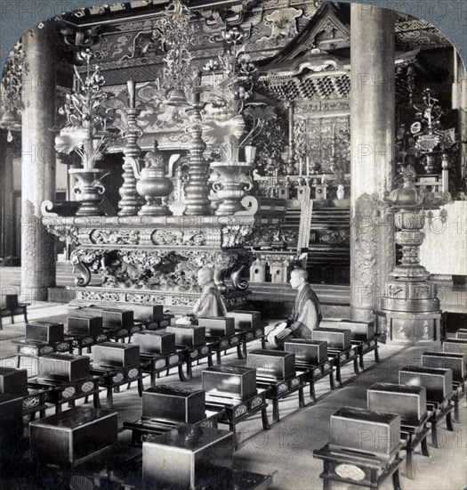 Buddhist priests in Ikegami Temple, Omori, Japan, 1904.Artist: Underwood & Underwood