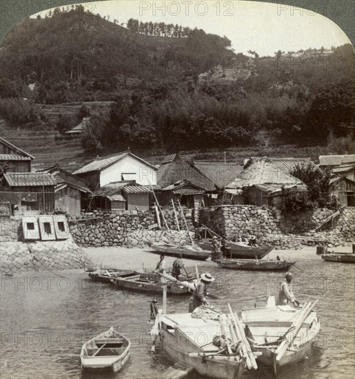 Fishing village of Obatake on the Inland Sea, looking north to the terraced rice fields, Japan, 1904Artist: Underwood & Underwood