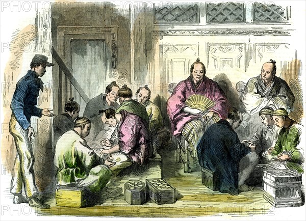 Counting the compensation money for the murder of Mr Richardson, Japan, 1863.  Creator: Unknown.