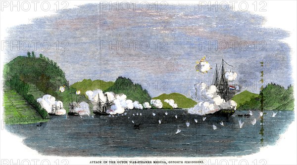 'Attack on the Dutch war-steamer 'Medusa', opposite Simonoseki', Japan, 1863. Artist: Unknown