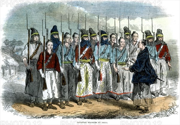 'Japanese soldiers at drill', 1864. Artist: Unknown