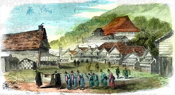 Street in Hakodate, and funeral procession, Japan, 1856. Artist: Unknown