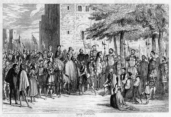 Queen Mary receiving the prisoners on the Tower Green, 1553 (1840). Artist: George Cruikshank