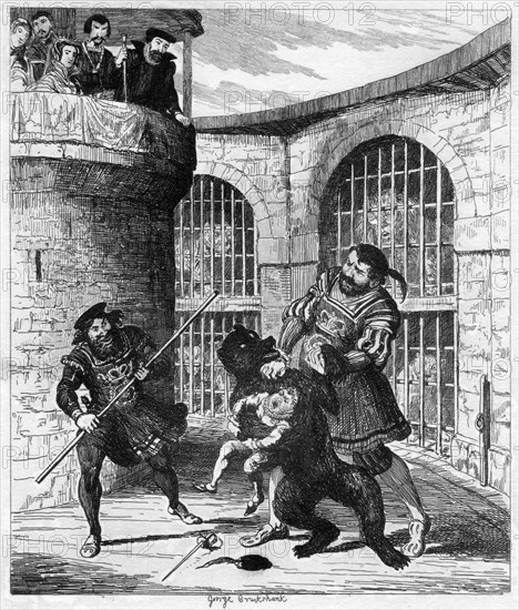 Gog extricating Xit from the bear in the Lions' Tower, 1840. Artist: George Cruikshank