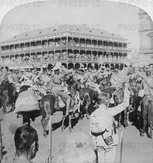 Field Marshal Lord Roberts and staff cheering the Queen, Pretoria, South Africa, 5th June 1900.Artist: Underwood & Underwood