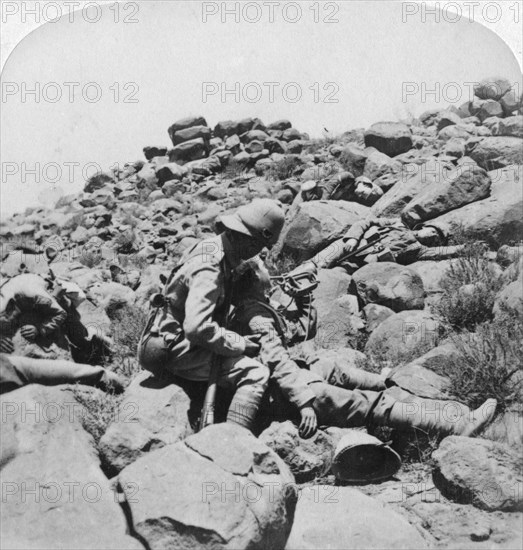 'The dying bugler's last call, a battlefield incident, Gras Pan, South Africa', 1900. Artist: Underwood & Underwood