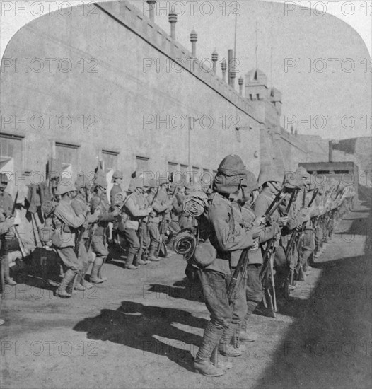 Inspection of the Cheshire Regiment in the fort at Johannesburg, Boer War, South Africa, 1901. Artist: Underwood & Underwood
