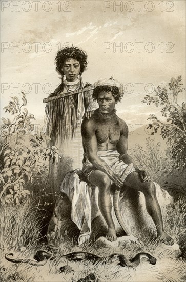 Maoris and carpet snake, New Zealand, 1879. Artist: McFarlane and Erskine