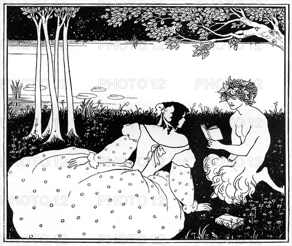 Pan reading to a woman by a brook, 1898.Artist: Aubrey Beardsley