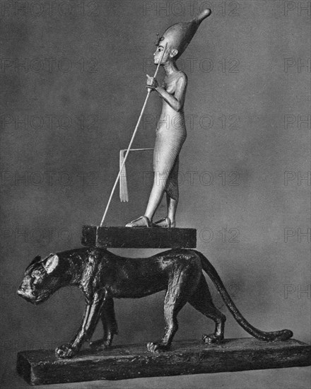 King Tutankhamen (c1341 BC-c1323 BC) on a black leopard, 1936. Artist: Unknown