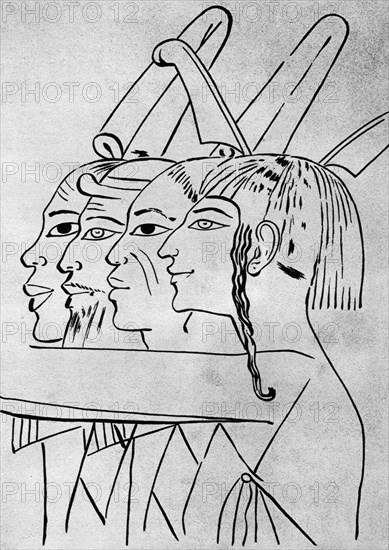 A sketch of African and Asian men from the tomb of King Seti I, Thebes, Egypt, 1936. Artist: Unknown